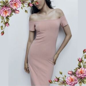 Zara Squared Neck Off the Shoulder Midi Dress in Dusty/Pale Pink Size medium‎
